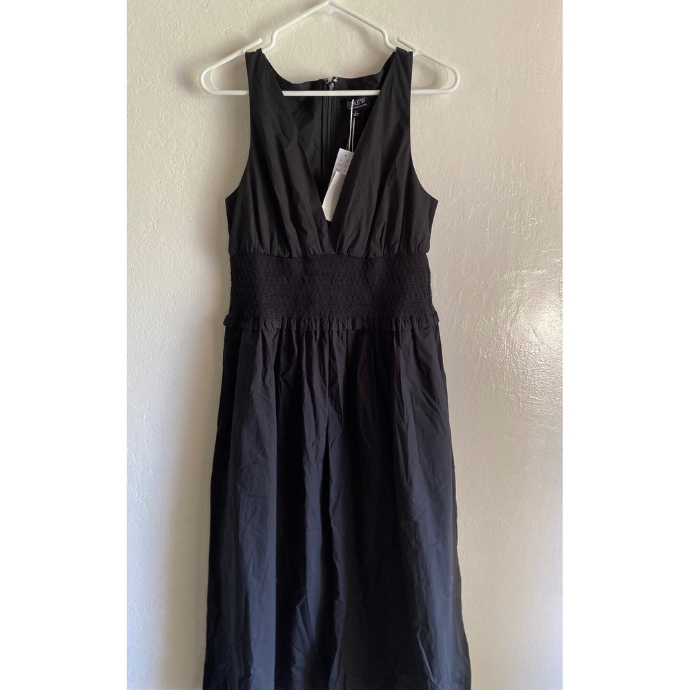 NEW J.Crew Plunge Smocked-Waist Dress Cotton Poplin Black Womens Medium - Picture 3 of 12